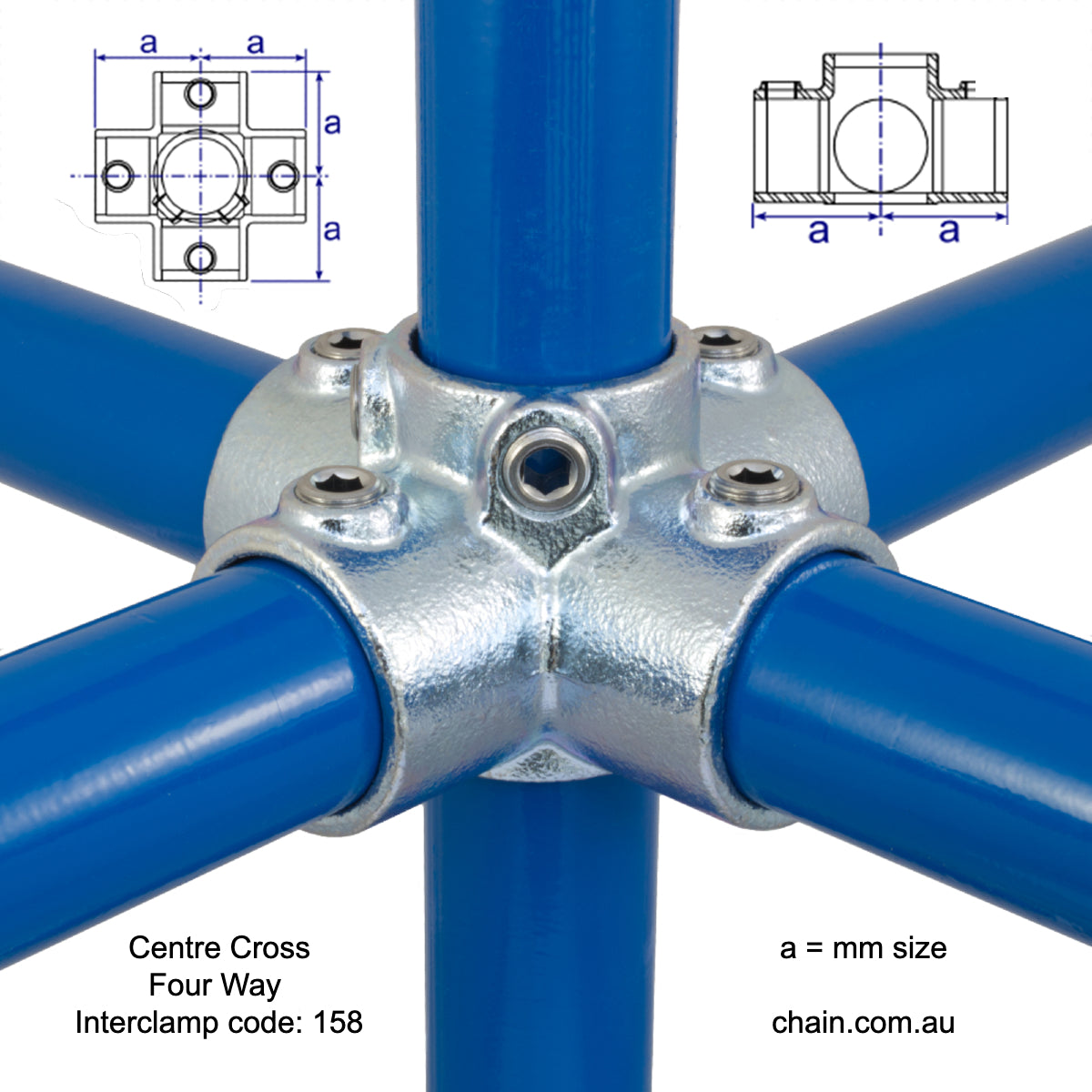 Four Way Centre Cross by Interclamp, Code 158. Shop rail, pipe and fence fittings online chain.com.au. Australia wide shipping.