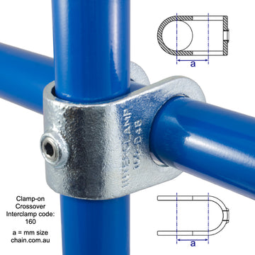 Clamp-on Crossover by Interclamp, Code 160. Shop rail, pipe and fence fittings online chain.com.au. Australia wide shipping.