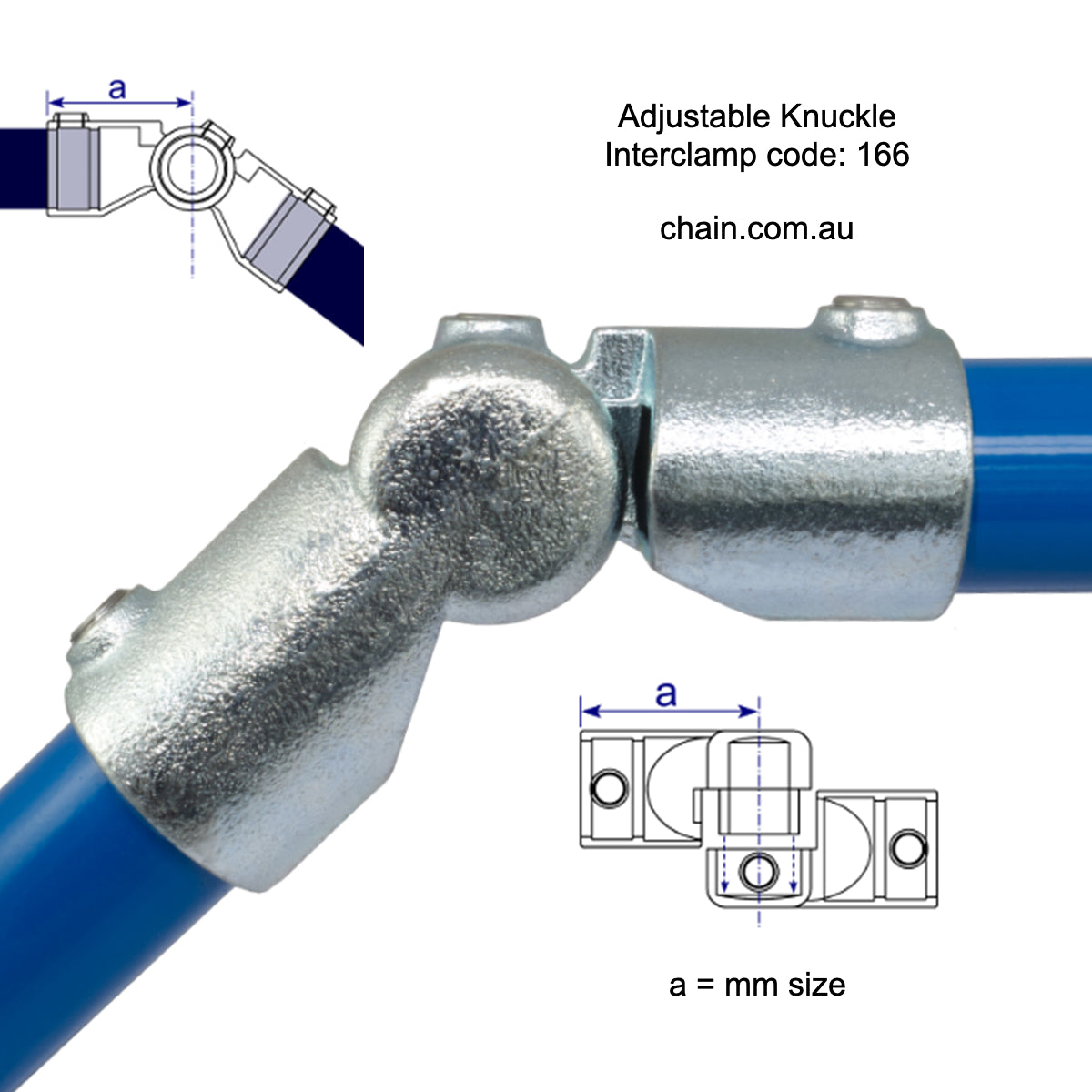 Adjustable Knuckle by Interclamp, Code 166. Shop rail, pipe and fence fittings online chain.com.au. Australia wide shipping.
