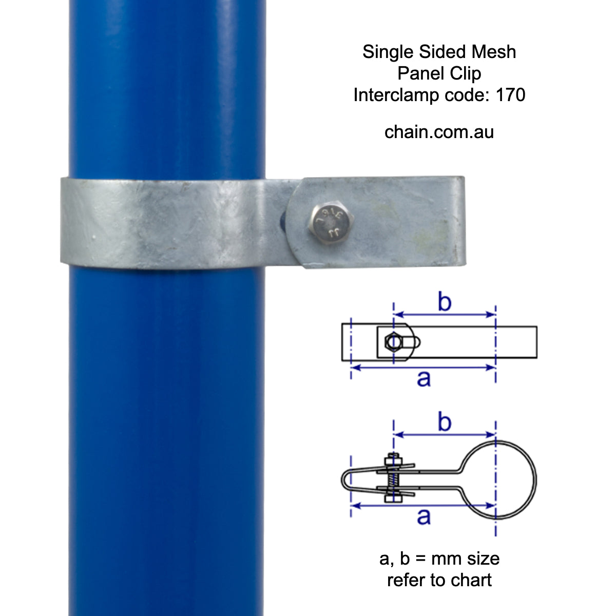 Single Sided Mesh Panel Clip, Interclamp Code 170. Shop rail, pipe and fence fittings online chain.com.au. Australia wide shipping.