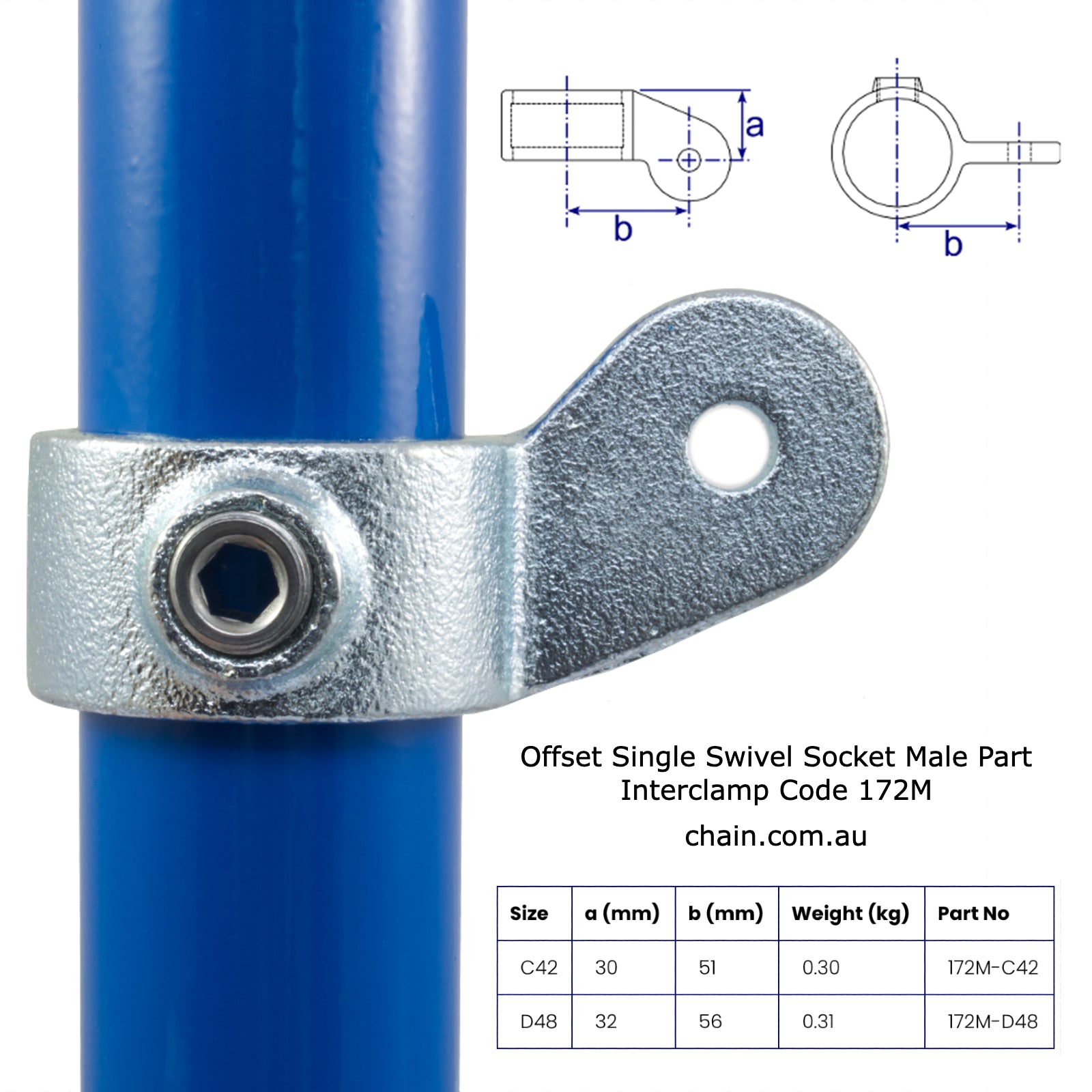 Offset Single Swivel Socket Male Part, Interclamp Code 172M. Shop rail, pipe and fence fittings online chain.com.au. Australia wide shipping.