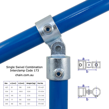 Single Swivel Combination, Interclamp Code 173. Shop rail, pipe and fence fittings online chain.com.au. Australia wide shipping.