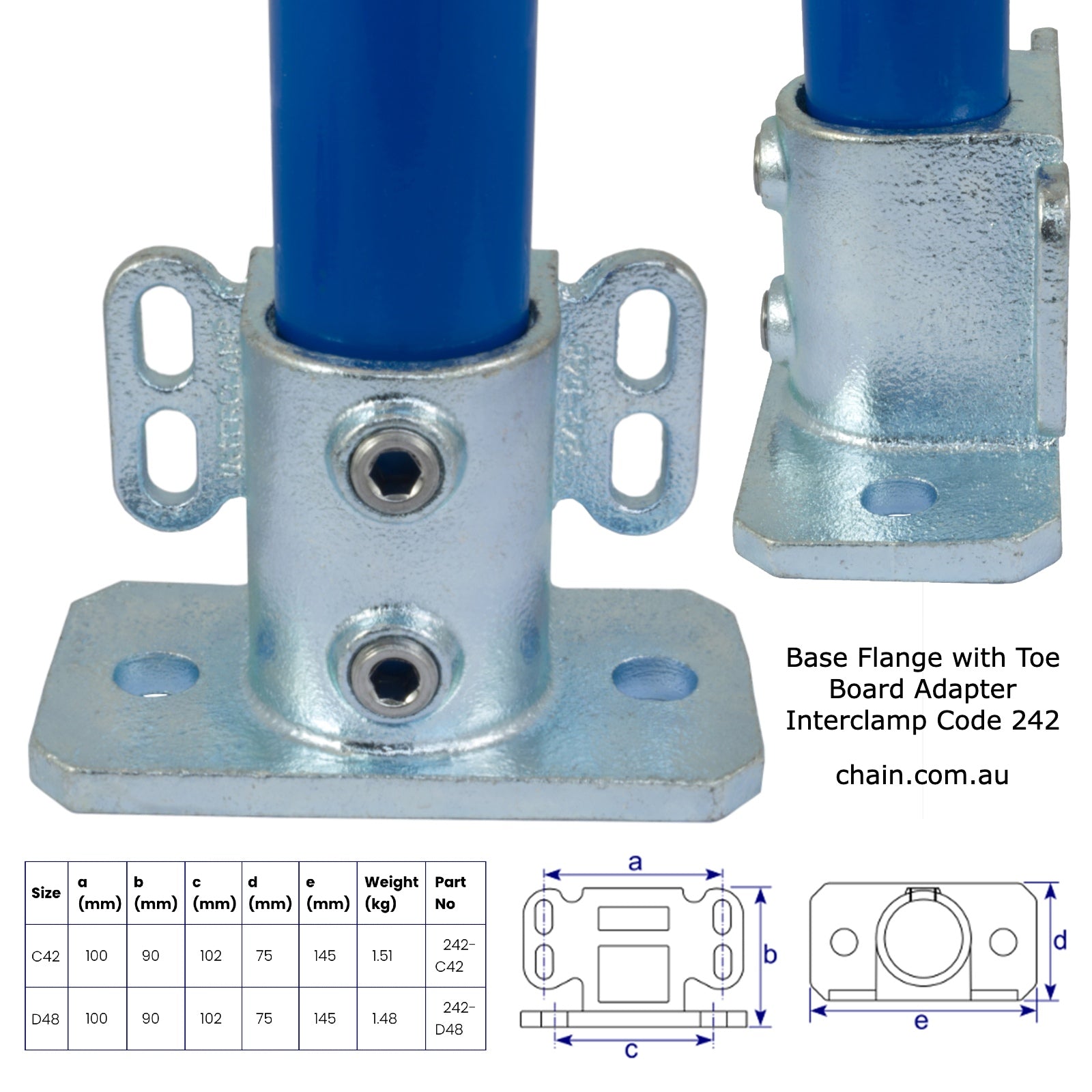 Base Flange with Toe Board Adapter. Interclamp Code 242. Sizes: C42, D48. Australia wide shipping. 