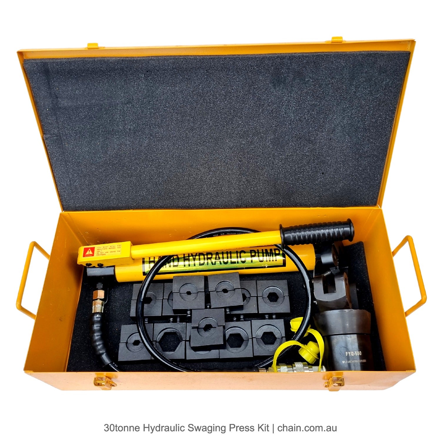 30 tonne Hydraulic Swaging Press kit suitable for swages/sleeves up to 32mm. Australia wide shipping. Shop tools online: chain.com.au