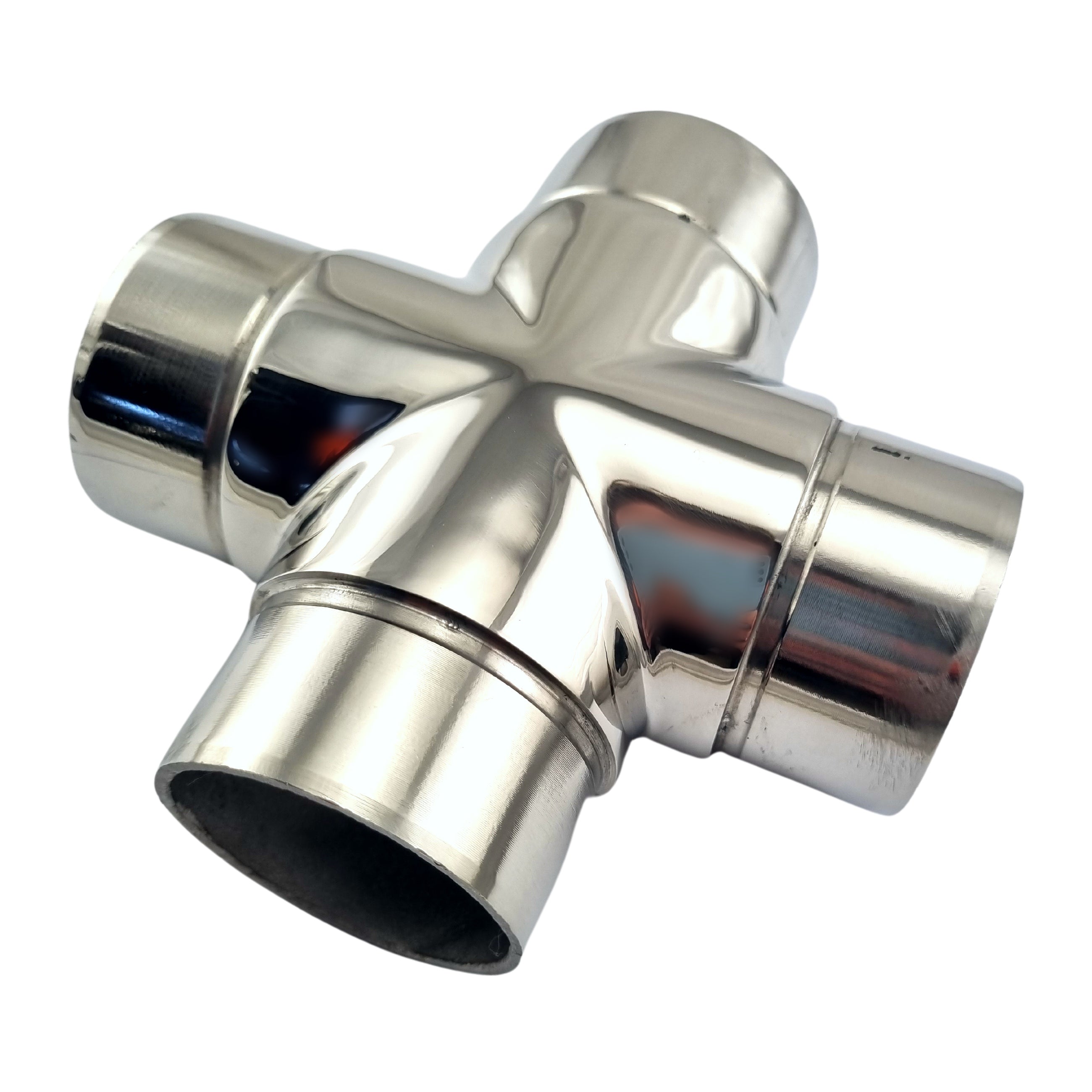 4-way cross rail fitting in marine grade type 316 stainless steel. Sizes: Fits 25.4mm or 1-inch pipe and 50.8mm or 2-inch pipe. Australia wide shipping. Shop hardware: chain.com.au