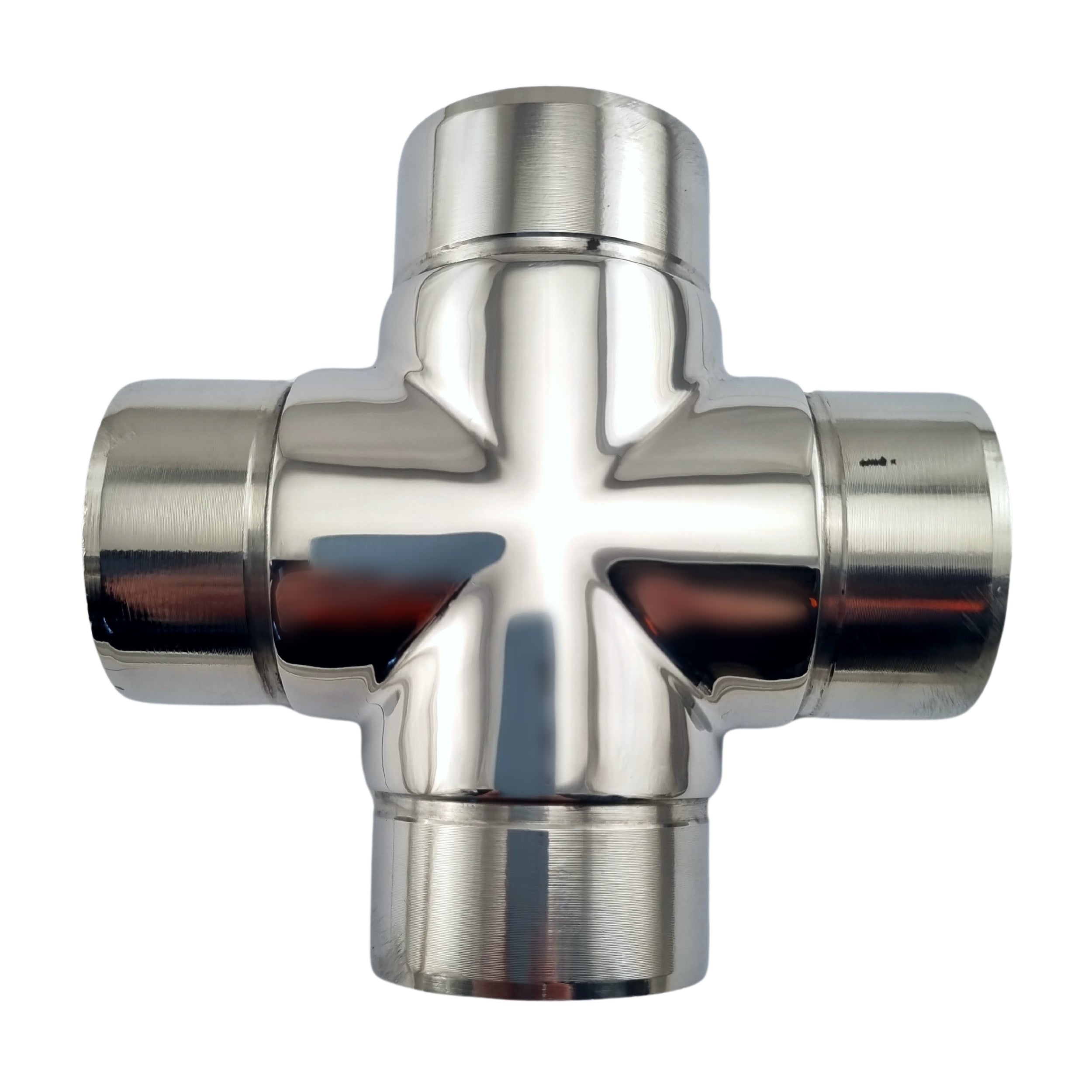 4-way cross rail fitting in marine grade type 316 stainless steel. Sizes: Fits 25.4mm or 1-inch pipe and 50.8mm or 2-inch pipe. Australia wide shipping. Shop hardware: chain.com.au