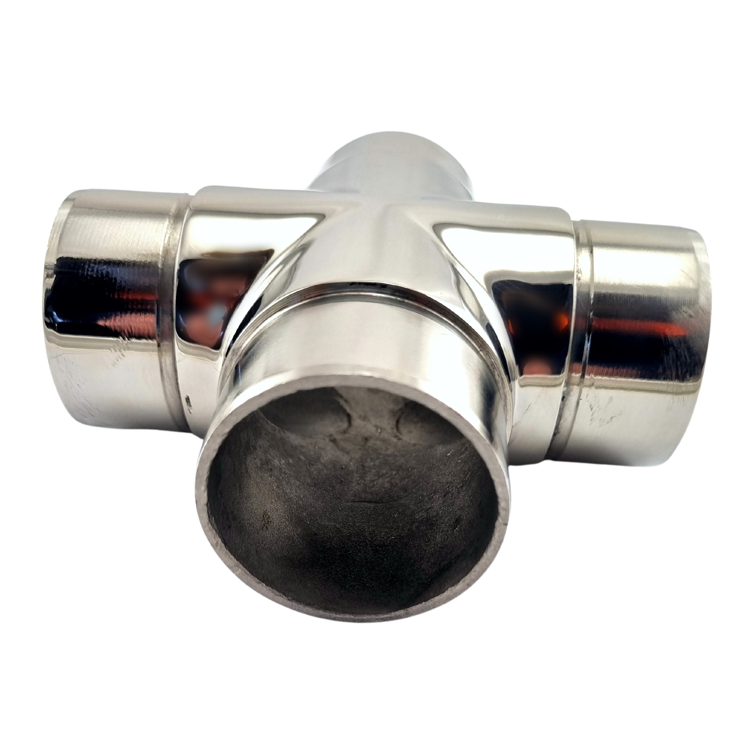 4-way cross rail fitting in marine grade type 316 stainless steel. Sizes: Fits 25.4mm or 1-inch pipe and 50.8mm or 2-inch pipe. Australia wide shipping. Shop hardware: chain.com.au