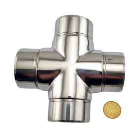 4-way cross rail fitting in marine grade type 316 stainless steel. Fits 50.8mm or 2-inch pipe. Australia wide shipping. Shop hardware: chain.com.au