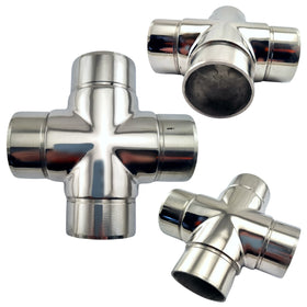 4-way cross rail fitting in marine grade type 316 stainless steel. Sizes: Fits 25.4mm or 1-inch pipe and 50.8mm or 2-inch pipe. Australia wide shipping. Shop hardware: chain.com.au
