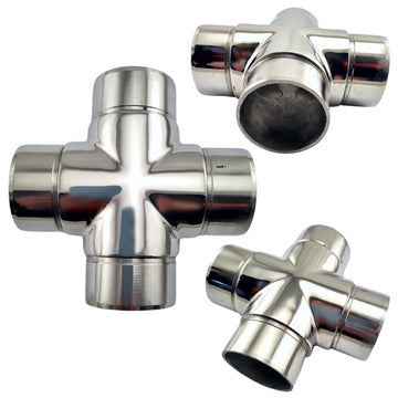 4-way cross rail fitting in marine grade type 316 stainless steel. Sizes: Fits 25.4mm or 1-inch pipe and 50.8mm or 2-inch pipe. Australia wide shipping. Shop hardware: chain.com.au
