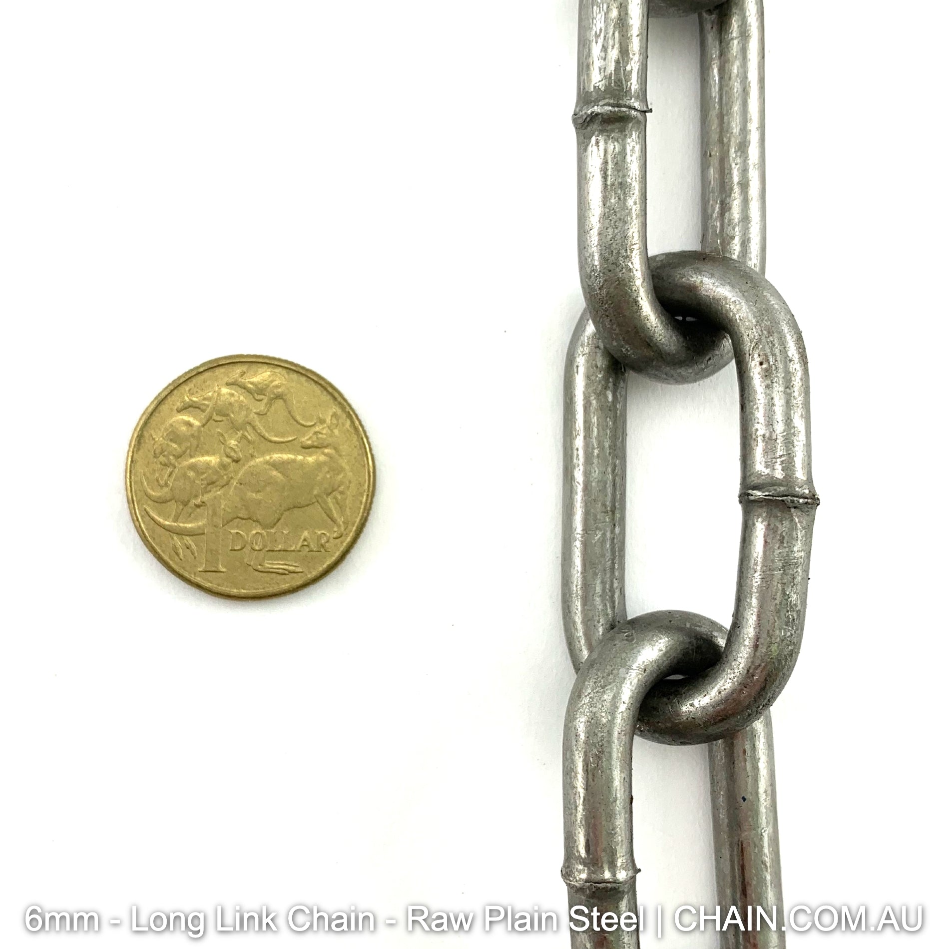 6mm long link plain steel (raw) chain. By the metre or bulk buy 25kg bucket. Australia wide shipping & Melbourne click & collect.