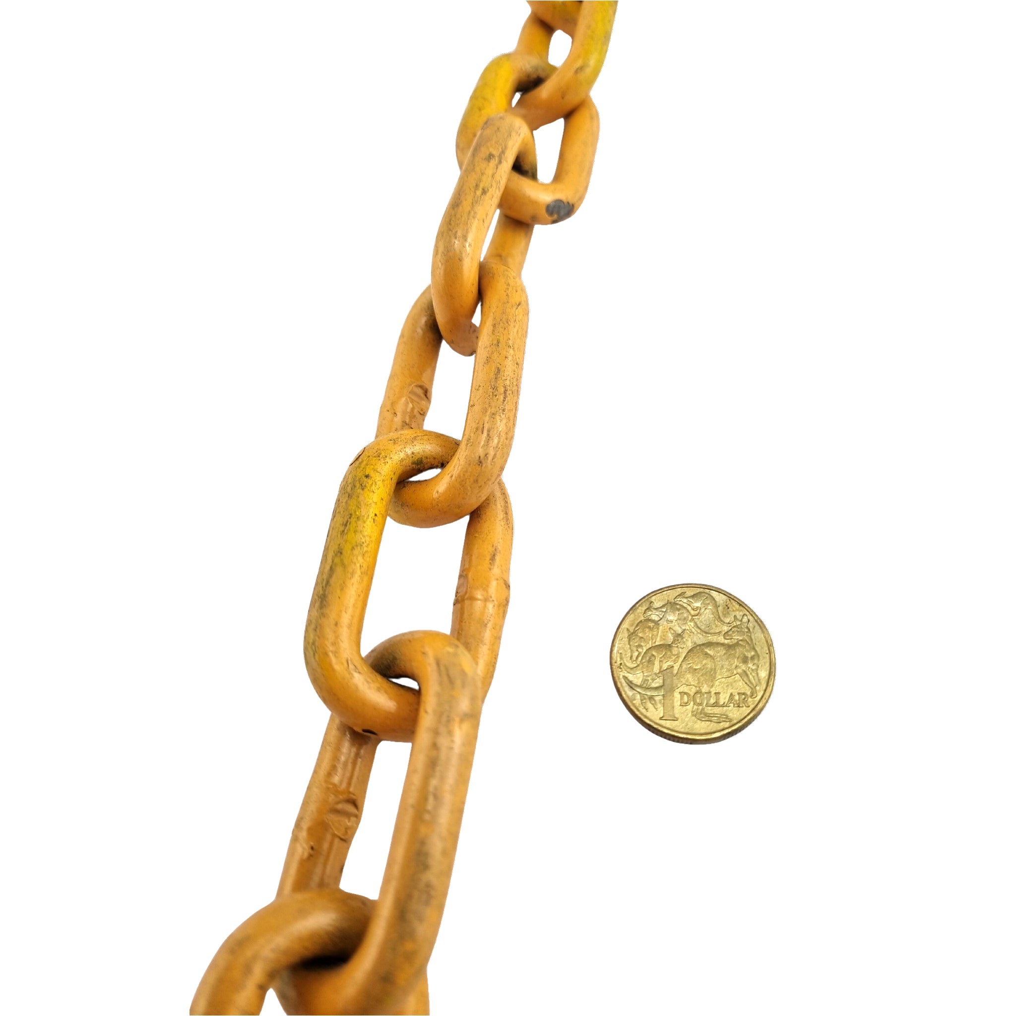 Seconds & Discounted Stock. 8mm Welded Steel Chain Yellow Powder Coated. By the metre. Australia wide delivery.