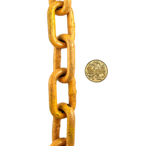 Seconds & Discounted Stock. 8mm Welded Steel Chain Yellow Powder Coated. By the metre. Australia wide delivery.