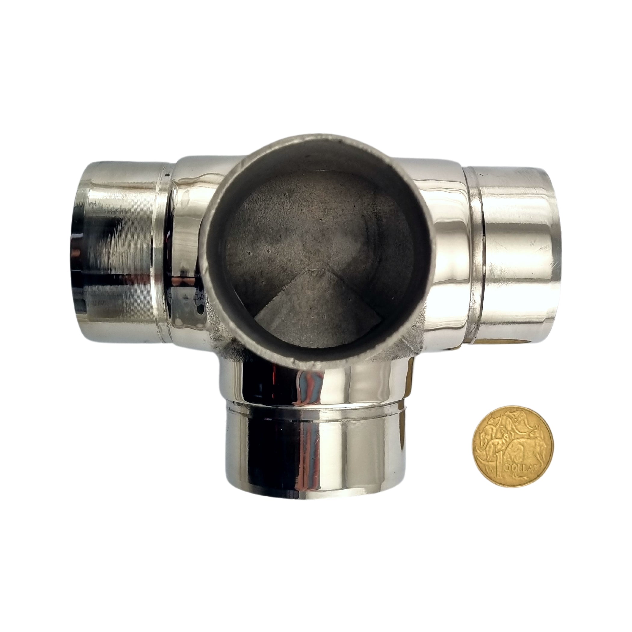 90° 4 Way Stainless Steel Rail Fitting for 50.8mm pipe. Australia wide shipping. Shop: chain.com.au