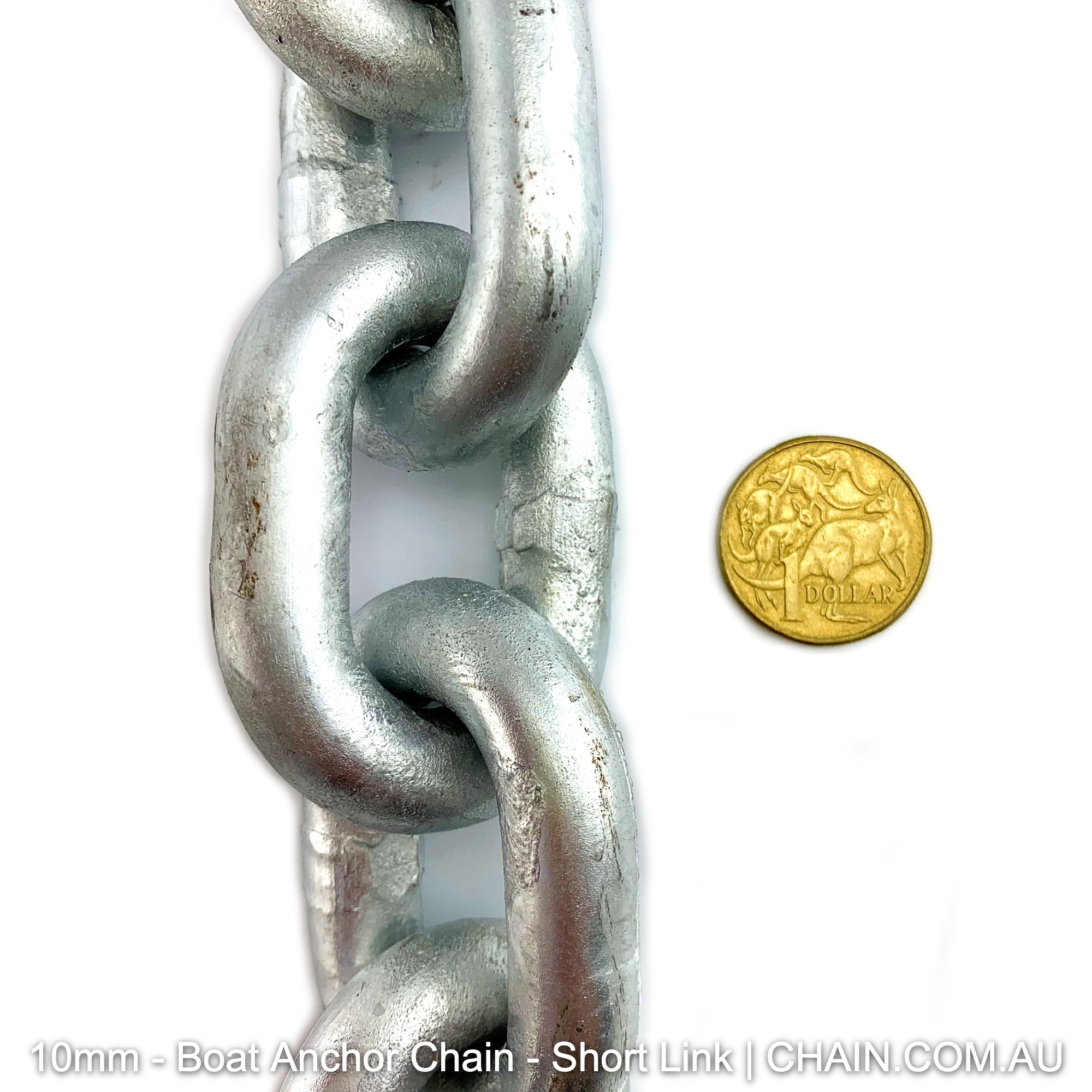 Boat anchor chain, size 10mm short link, galvanised. By the metre or bulk buy 25kg buckets. Shipping Australia wide. Shop online chain.com.au