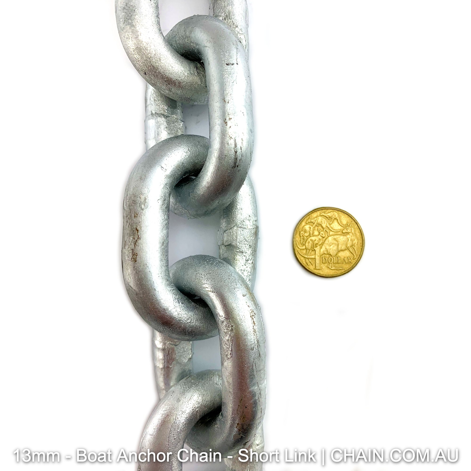 Boat anchor chain, size 13mm short link, galvanised. By the metre or bulk buy 25kg buckets. Shipping Australia wide. Shop online chain.com.au