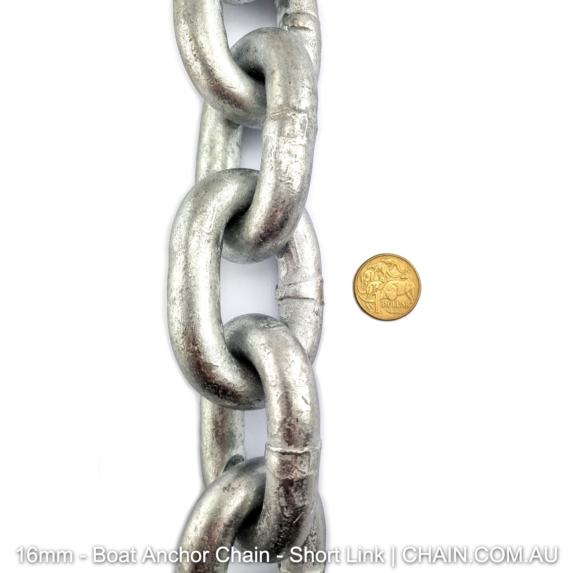 Boat anchor chain, size 16mm short link, galvanised. By the metre or bulk buy 25kg buckets. Shipping Australia wide. Shop online chain.com.au