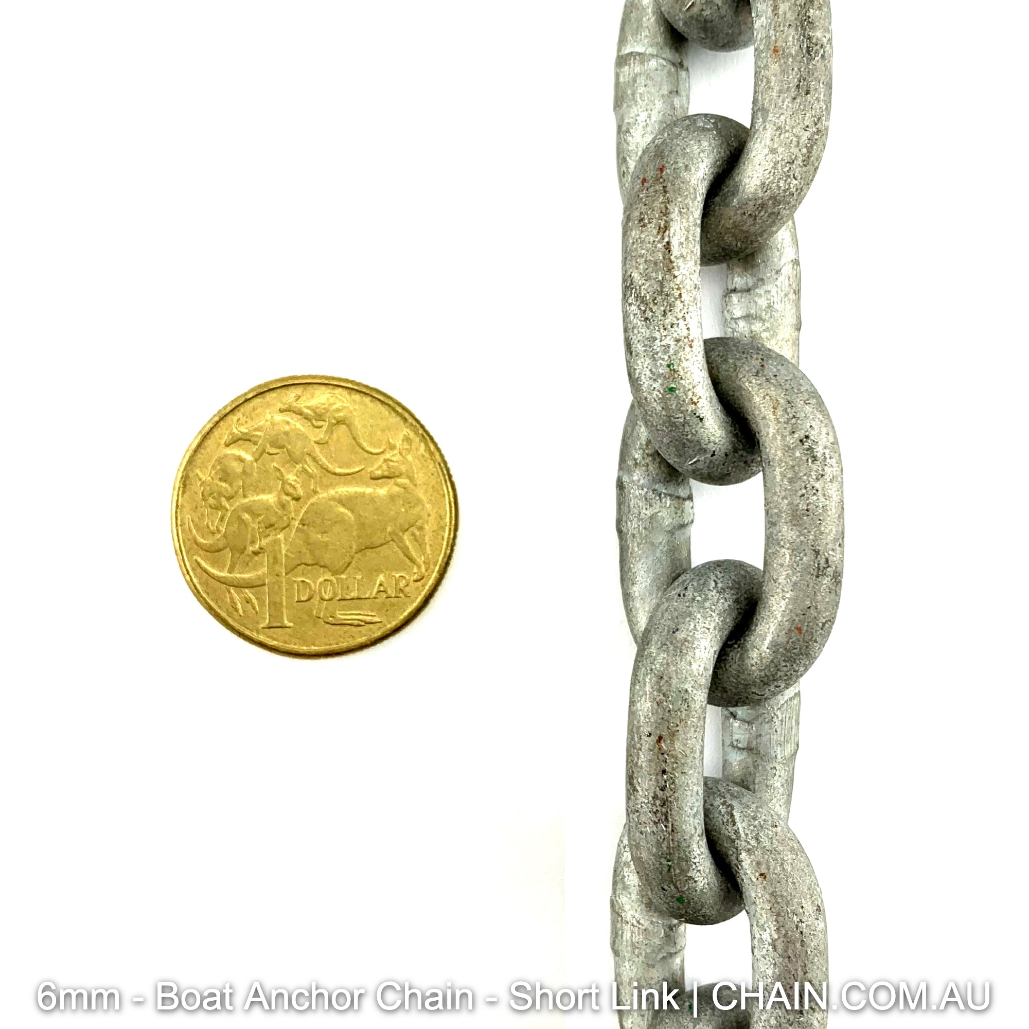 Boat anchor chain, size 6mm short link, galvanised. By the metre or bulk buy 25kg buckets. Shipping Australia wide. Shop online chain.com.au