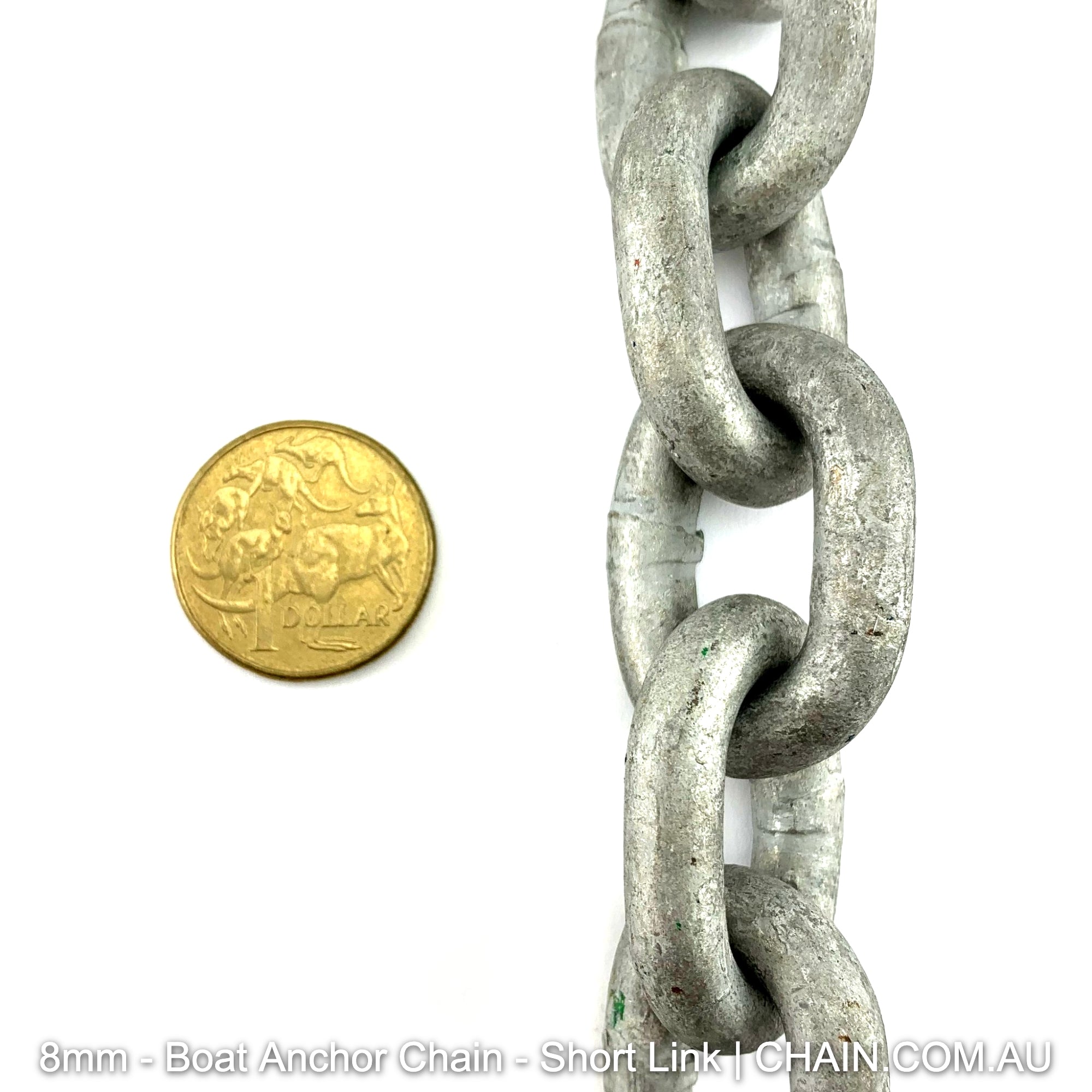Boat anchor chain, size 8mm short link, galvanised. By the metre or bulk buy 25kg buckets. Shipping Australia wide. Shop online chain.com.au