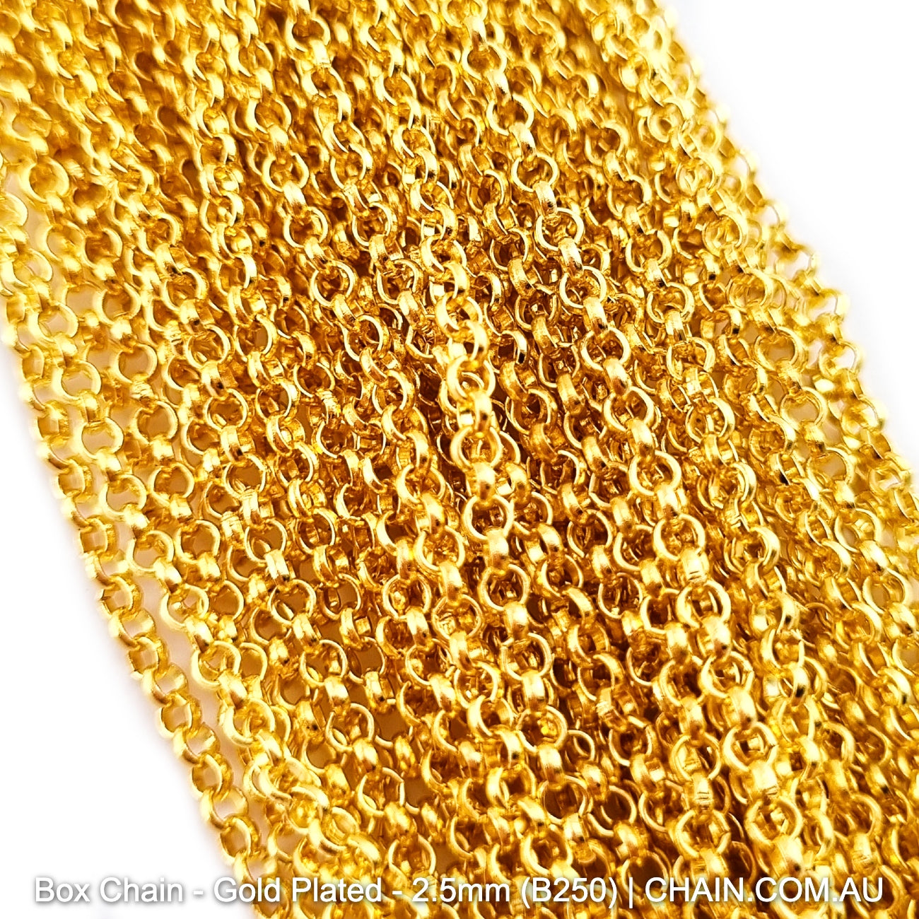Box Jewellery Chain Gold Plated. Size: 2.5mm x 25m Reel. Shop Jewellery Chain online. Australia wide shipping. Chain.com.au
