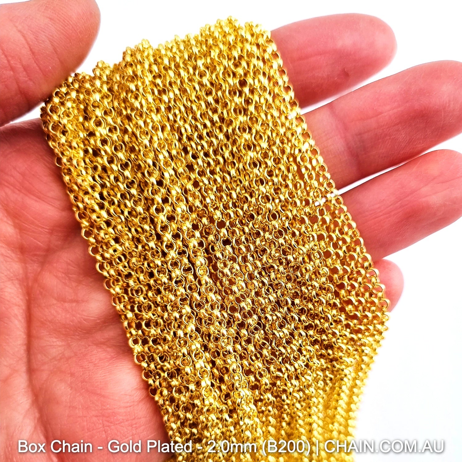 Box Jewellery Chain Gold Plated. Size: 2.0mm x 25m Reel. Shop Jewellery Chain online. Australia wide shipping. Chain.com.au
