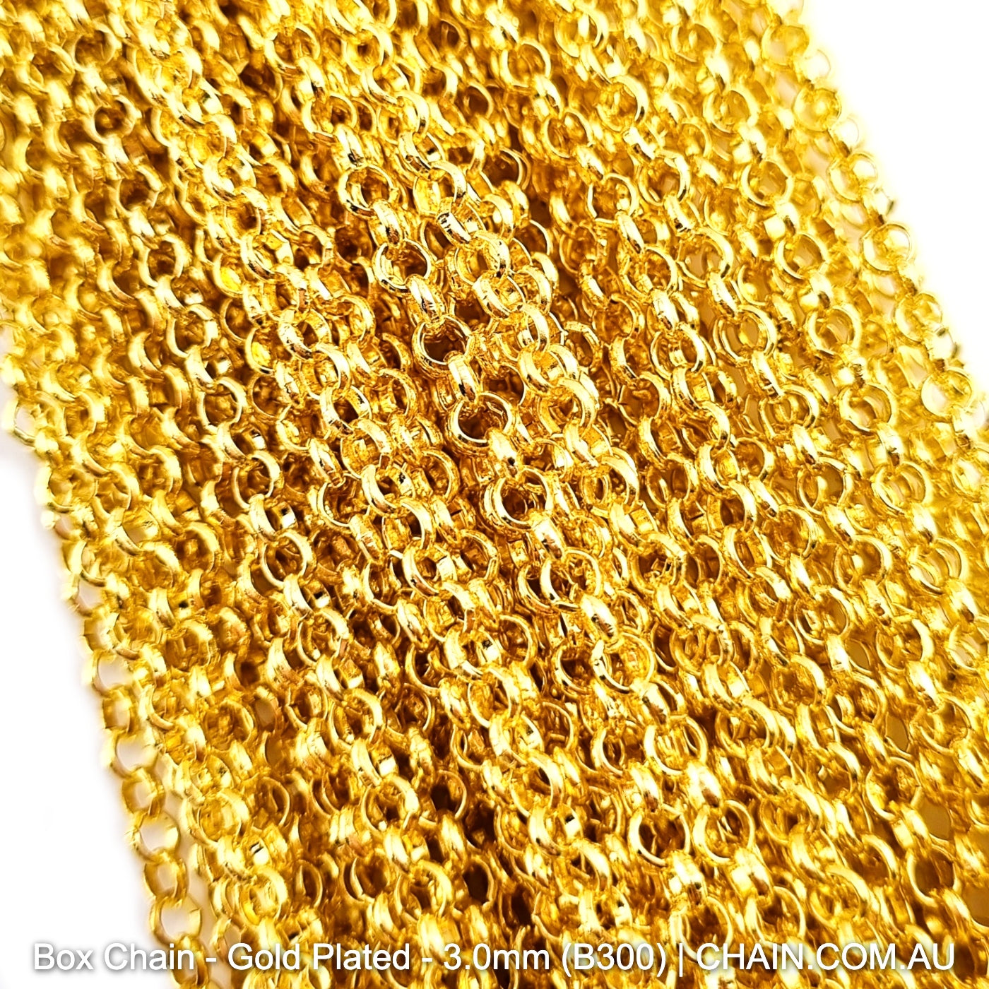 Box Jewellery Chain Gold Plated. Size: 3.0mm x 25m Reel. Shop Jewellery Chain online. Australia wide shipping. Chain.com.au