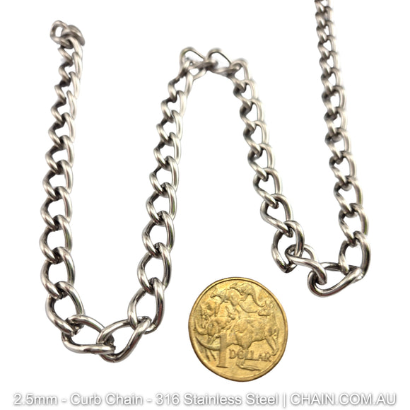 2.5mm Curb Chain in 316 Stainless Steel. Chain by the metre or bulk buy 30m reels. Shipping Australia wide + Melbourne click & collect. Shop chain.com.au