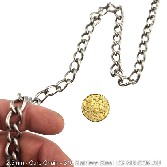 2.5mm Curb Chain in 316 Stainless Steel. Chain by the metre or bulk buy 30m reels. Shipping Australia wide + Melbourne click & collect. Shop chain.com.au
