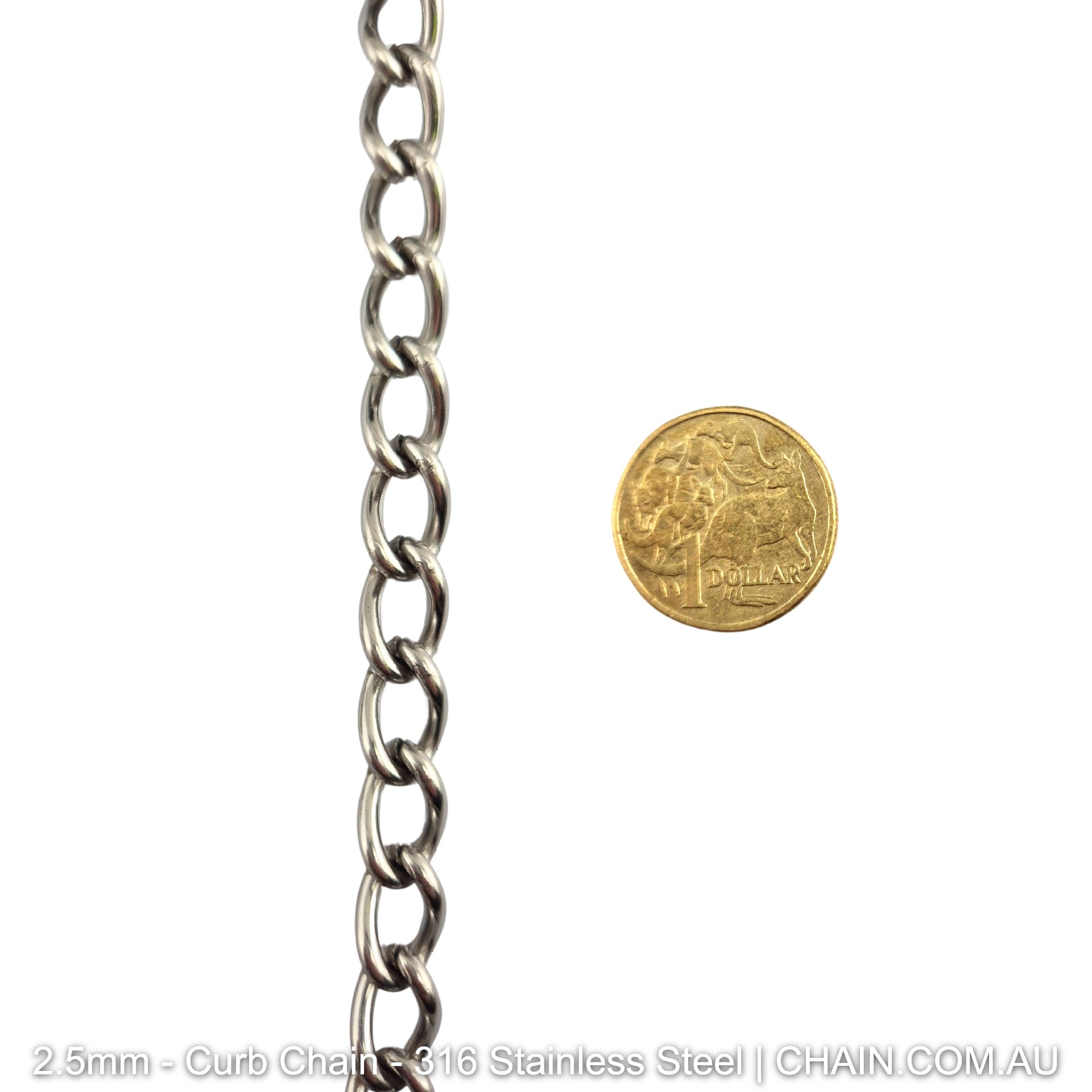 2.5mm Curb Chain in 316 Stainless Steel. Chain by the metre or bulk buy 30m reels. Shipping Australia wide + Melbourne click & collect. Shop chain.com.au