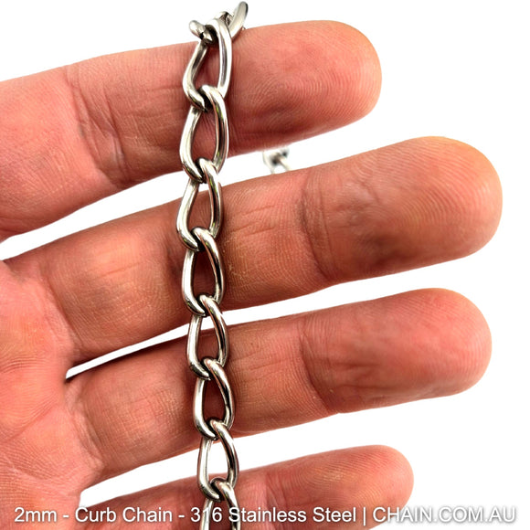 2mm Curb Chain in 316 Stainless Steel. Chain by the metre or bulk buy 30m reels. Shipping Australia wide + Melbourne click & collect. Shop chain.com.au