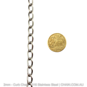 2mm Curb Chain in 316 Stainless Steel. Chain by the metre or bulk buy 30m reels. Shipping Australia wide + Melbourne click & collect. Shop chain.com.au