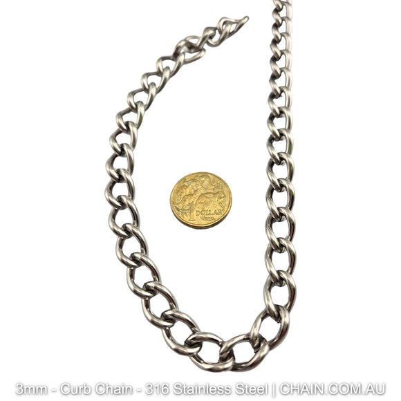 3mm Curb Chain in 316 Stainless Steel. Chain by the metre or bulk buy 30m reels. Shipping Australia wide + Melbourne click & collect. Shop chain.com.au
