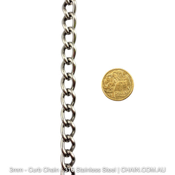 3mm Curb Chain in 316 Stainless Steel. Chain by the metre or bulk buy 30m reels. Shipping Australia wide + Melbourne click & collect. Shop chain.com.au