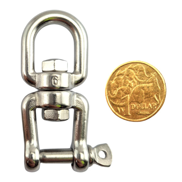 Chain Swivel in Stainless Steel - Eye-Jaw style. Size: 6mm. Australia wide shipping + Melbourne pick-up.