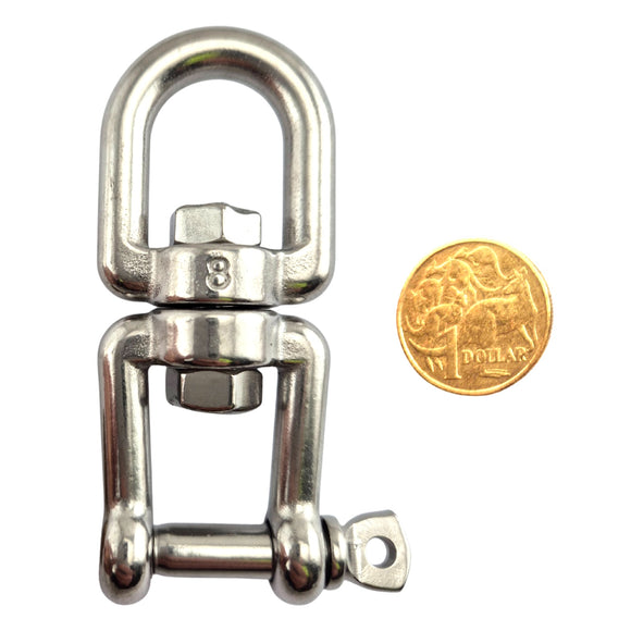 Chain Swivel in Stainless Steel - Eye-Jaw style. Size: 8mm. Australia wide shipping + Melbourne pick-up.