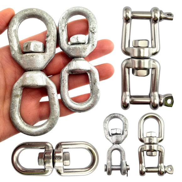 Chain Swivels in Galvanised Steel & Stainless Steel. Eye-Eye, Eye-Jaw, Jaw-Jaw styles. Sizes: 6mm, 8mm, 10mm. Australia.