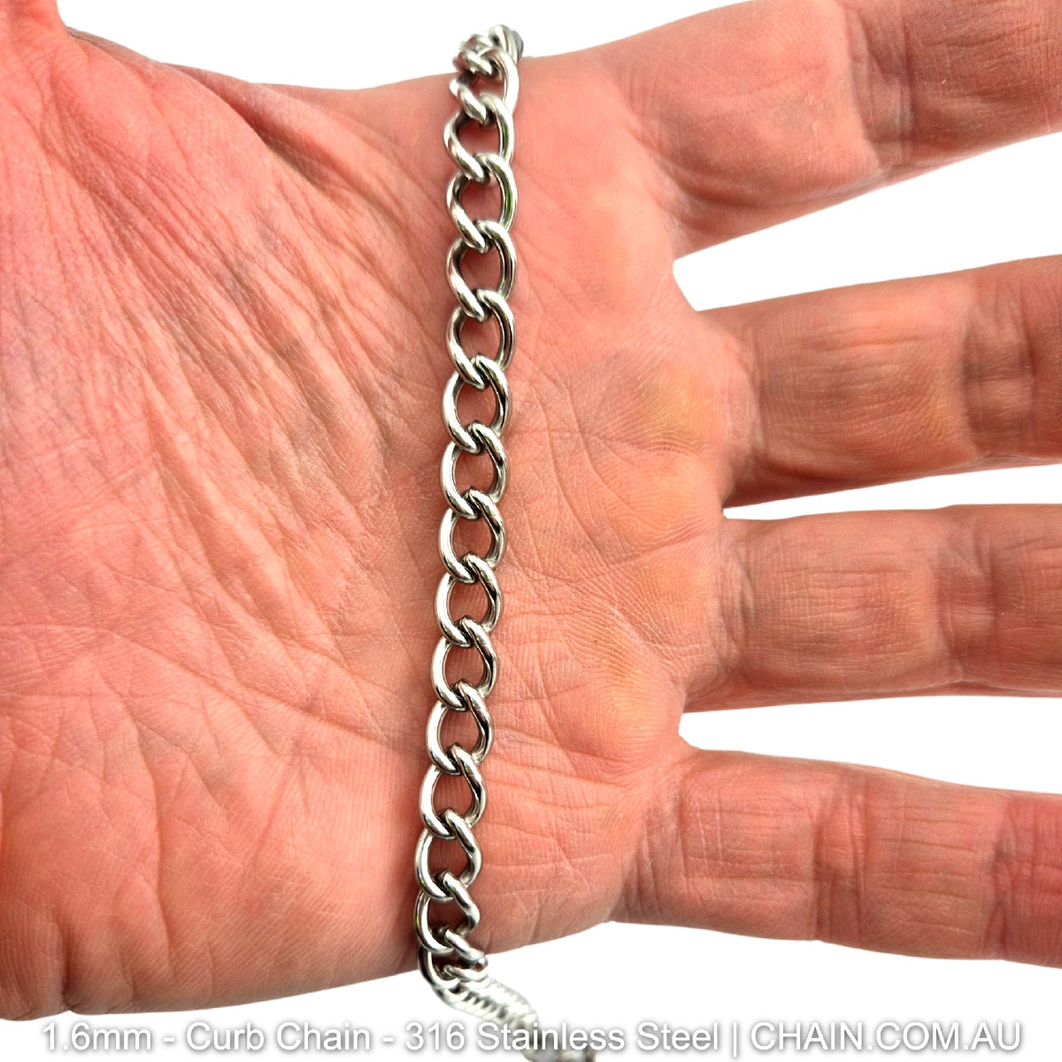 1.6mm Curb Chain in 316 Stainless Steel. Chain by the metre or bulk buy 30m reels. Shipping Australia wide + Melbourne click & collect. Shop chain.com.au