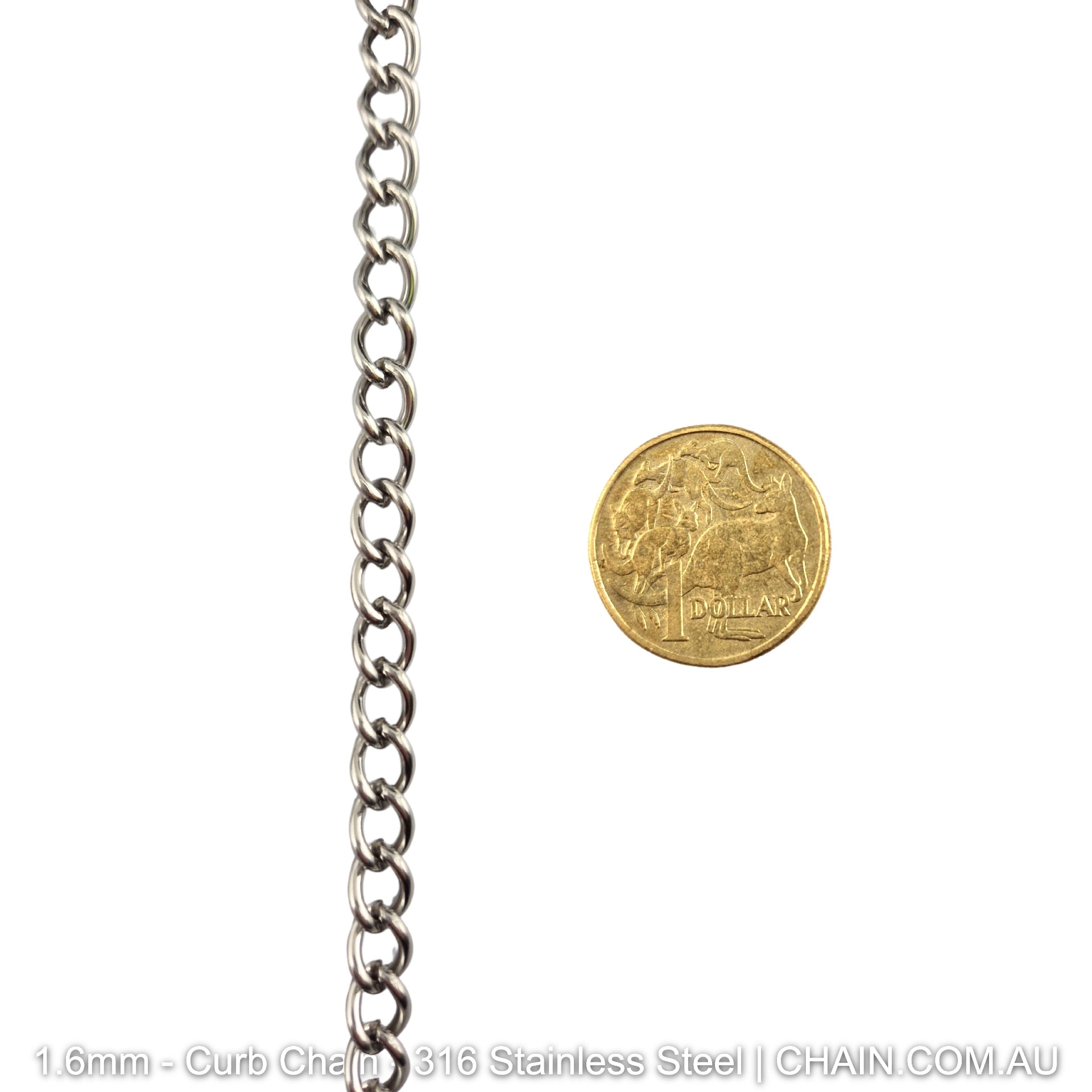 1.6mm Curb Chain in 316 Stainless Steel. Chain by the metre or bulk buy 30m reels. Shipping Australia wide + Melbourne click & collect. Shop chain.com.au