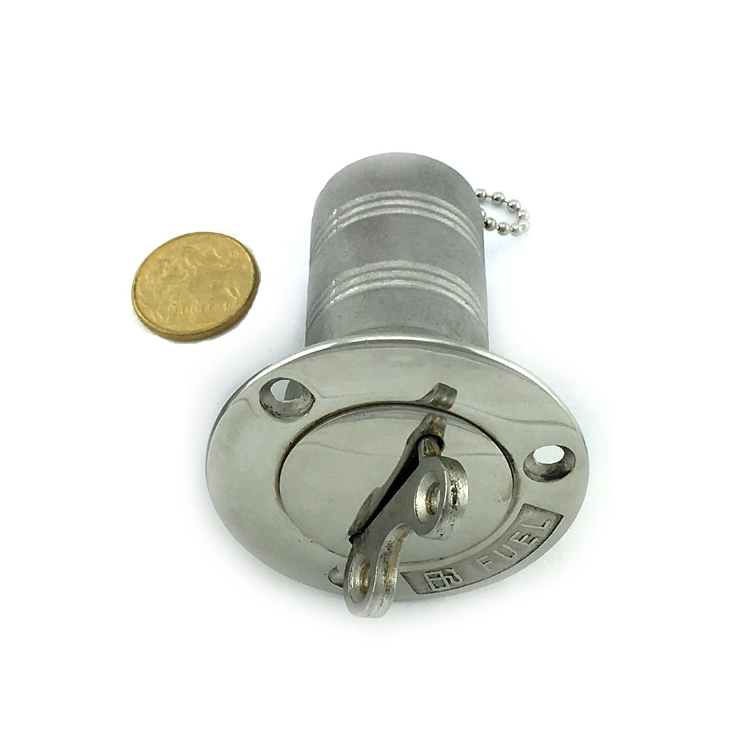 Stainless steel deck fuel nozzle, size 38mm in type 316 marine grade stainless steel. Australia wide shipping.