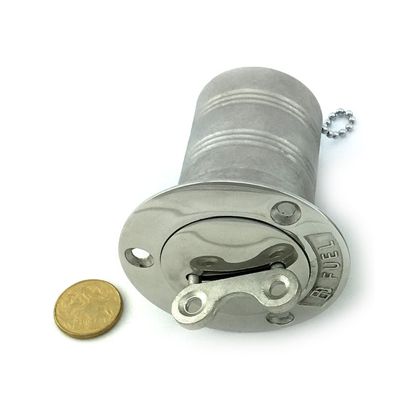 Stainless steel deck fuel nozzle, size 50mm in type 316 marine grade stainless steel. Australia wide shipping.