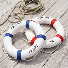 Decorative Life Buoy (Lifebuoy) 65cm diameter in white/blue and white/red with Welcome Aboard lettering. Australia wide shipping - chain.com.au