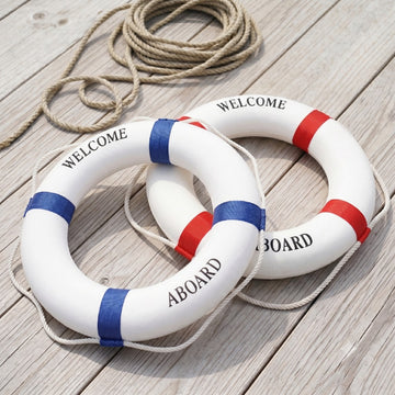 Decorative Life Buoy (Lifebuoy) 65cm diameter in white/blue and white/red with Welcome Aboard lettering. Australia wide shipping - chain.com.au