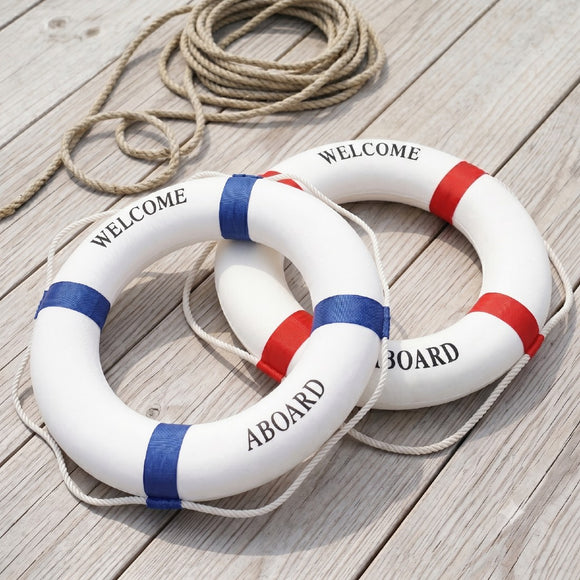 Decorative Life Buoy (Lifebuoy) 65cm diameter in white/blue and white/red with Welcome Aboard lettering. Australia wide shipping - chain.com.au