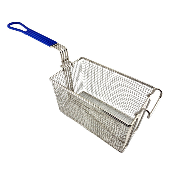 Deep Fryer Basket - Rectangle, with Blue Rubber Handle. Nickel Plated. Size: Medium. Commercial kitchen grade. Australia wide shipping from chain.com.au.