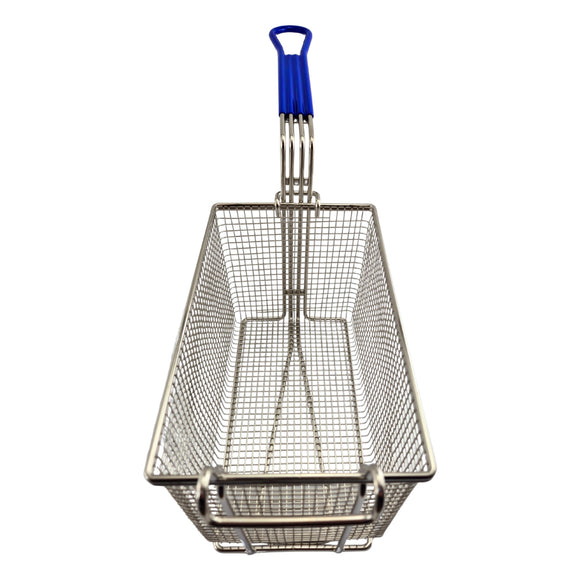 Nickel Plated Deep Fryer Basket - Rectangle, with Blue Rubber Handle. Size: Medium. Commercial kitchen grade. Australia wide shipping from chain.com.au.