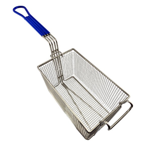 Deep Fryer Basket - Rectangle, with Blue Rubber Handle. Size: Medium. Commercial kitchen grade. Australia wide shipping from chain.com.au.
