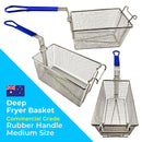 Deep Fryer Basket - Rectangle - Blue Rubber Handle. Size: Medium. Commercial kitchen grade. Australia wide shipping from chain.com.au.