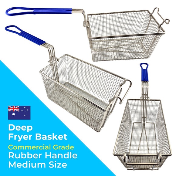 Deep Fryer Basket - Rectangle - Blue Rubber Handle. Size: Medium. Commercial kitchen grade. Australia wide shipping from chain.com.au.