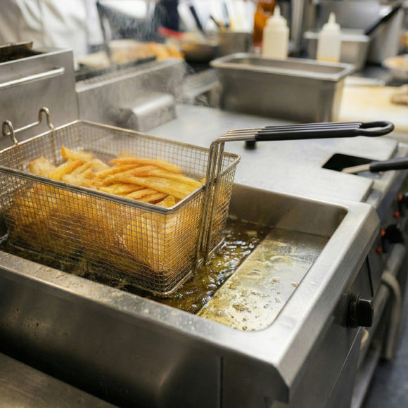 Deep Fryer Basket - Rectangle - Black Rubber Handle - Large - 336mm. Commercial kitchen grade. Australia wide shipping from chain.com.au.