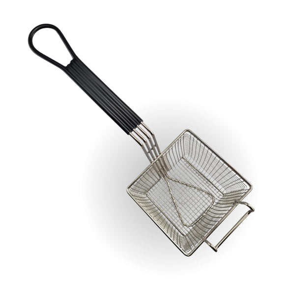 Square Deep Fryer Basket with heat-resistant Black Rubber Handle for commercial kitchens. Australia wide shipping, shop: chain.com.au